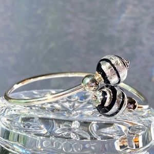 Venetian Artisan Glass Black Swirl 800 Silver Bypass Bracelet Italy